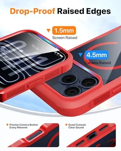 Diaclara Magnetic Designed for iPhone 17 Pro Max Case Full Body Bumper,[Compatible with MagSafe] Military Drop Proof Cover with Built-in Touch Sensitive Anti-Scratch Screen Protector,Red 