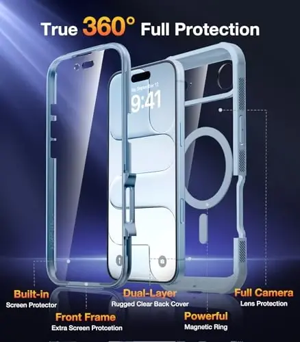 Diaclara Magnetic Designed for iPhone Air Case Full Body Bumper, [Compatible with MagSafe] Military Drop Proof Cover with Built-in Touch Sensitive Anti-Scratch Screen Protector for iPhone 17 Air Blue - 2