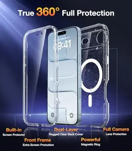 Diaclara Magnetic Designed for iPhone Air Case Full Body Bumper,[Compatible with MagSafe] Military Drop Proof Cover with Built-in Touch Sensitive Anti-Scratch Screen Protector Clear Glitter - 2