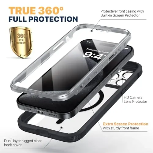 Diaclara Magnetic для чехла iPhone 15 Pro, [Подходит для MagSafe] Встроенная противоударная защитная пленка для экрана, [Защита объектива камеры] Чехол для телефона без потери сигнала для iPhone 15 Pro 6,1 дюйма (черный) - DIACLARA (1)