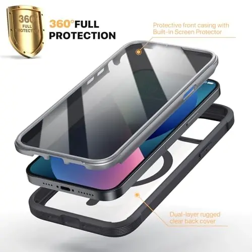 Diaclara Magnetic for iPhone 13 Case, [Privacy Screen Protector & Fit for MagSafe] Built-in Shockproof Screen Protector, [Camera Lens Protector] Phone Cover for iPhone 13 6.1