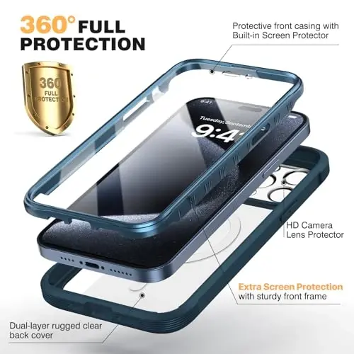 Diaclara Magnetic for iPhone 15 Pro Case, [Military-Grade Drop Proof & Fit for MagSafe] Built-in Shockproof Screen Protector, [Camera Lens Protector] Phone Cover for iPhone 15 Pro 6.1