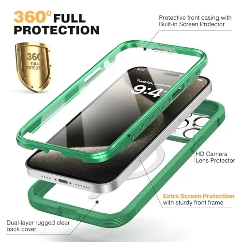 Diaclara Magnetic for iPhone 15 Pro Case, [Military-Grade Drop Proof & Fit for MagSafe] Built-in Shockproof Screen Protector, [Camera Lens Protector] Phone Cover for iPhone 15 Pro 6.1