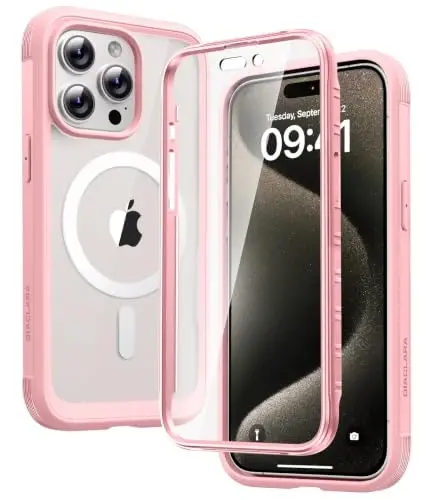 Diaclara Magnetic for iPhone 15 Pro Case with Screen Protector,Pink | Fit for MagSafe, Built‑in Anti‑Scratch Touch‑Sensitive Screen Protector, 360° Dual‑Layer Rugged, Mil‑Grade Drop Protection - 1