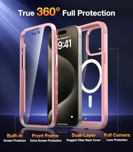 Diaclara Magnetic for iPhone 15 Pro Case with Screen Protector,Pink | Fit for MagSafe, Built‑in Anti‑Scratch Touch‑Sensitive Screen Protector, 360° Dual‑Layer Rugged, Mil‑Grade Drop Protection - 3