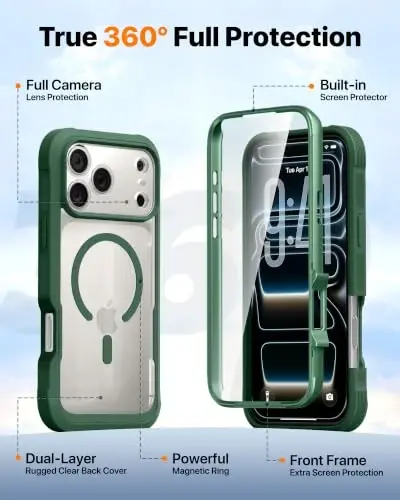 Diaclara Magnetic for iPhone 18 Pro Case with Screen Protector, Green | Fit for MagSafe, Built‑in Anti‑Scratch Touch‑Sensitive Screen Protector, 360° Dual‑Layer Rugged, Mil‑Grade Drop Protection - Diaclara (1)
