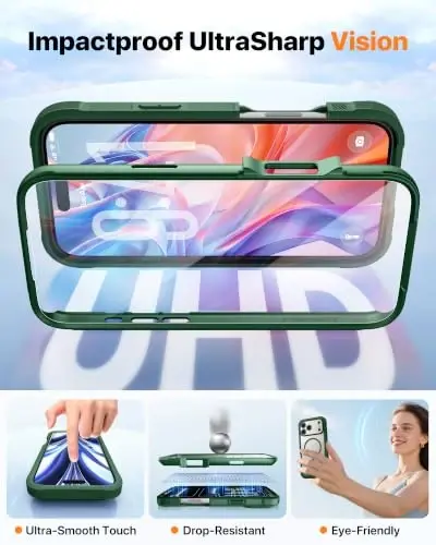 Diaclara Magnetic for iPhone 18 Pro Case with Screen Protector, Green | Fit for MagSafe, Built‑in Anti‑Scratch Touch‑Sensitive Screen Protector, 360° Dual‑Layer Rugged, Mil‑Grade Drop Protection - 5