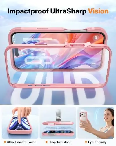 Diaclara Magnetic for iPhone 18 Pro Case with Screen Protector, Pink | Fit for MagSafe, Built‑in Anti‑Scratch Touch‑Sensitive Screen Protector, 360° Dual‑Layer Rugged, Mil‑Grade Drop Protection - 5