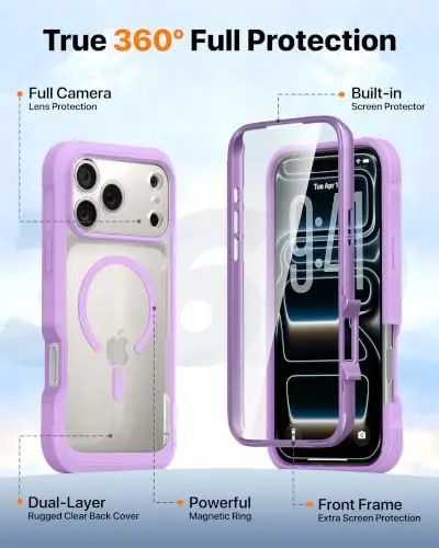 Diaclara Magnetic for iPhone 18 Pro Case with Screen Protector, Purple | Fit for MagSafe, Built‑in Anti‑Scratch Touch‑Sensitive Screen Protector, 360° Dual‑Layer Rugged, Mil‑Grade Drop Protection - Diaclara (1)