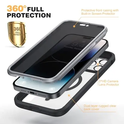 Diaclara Magnetic Designed for iPhone 14 Pro Max Case, Full Body Rugged Case with Built-in Privacy Touch Sensitive Anti-Scratch Screen Protector, with Camera Lens Protector, Black - 2