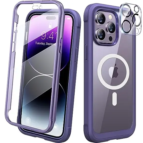 Diaclara Magnetic iPhone 14 Pro Max uchun mo'ljallangan, to'liq tanali mustahkam g'ilof, o'rnatilgan sensorli tirnalishga qarshi ekran himoyachisi, iPhone 14 Promax6.7 uchun kamera linzalari himoyachisi bilan (binafsha) 