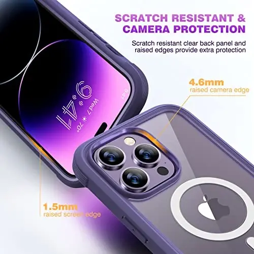 Diaclara Magnetic iPhone 14 Pro Max uchun mo'ljallangan, to'liq tanali mustahkam g'ilof, o'rnatilgan sensorli tirnalishga qarshi ekran himoyachisi, iPhone 14 Promax6.7 uchun kamera linzalari himoyachisi bilan (binafsha) - 4