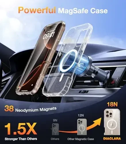 Diaclara Magnetic iPhone 16 Pro Max uchun mo'ljallangan Full Body Bumper g'ilofi, [MagSafe bilan mos] Harbiy darajadagi zarba o'tkazmaydigan, o'rnatilgan sensorli tirnalishga qarshi ekran himoyachisi, tiniq yaltiroq - 4