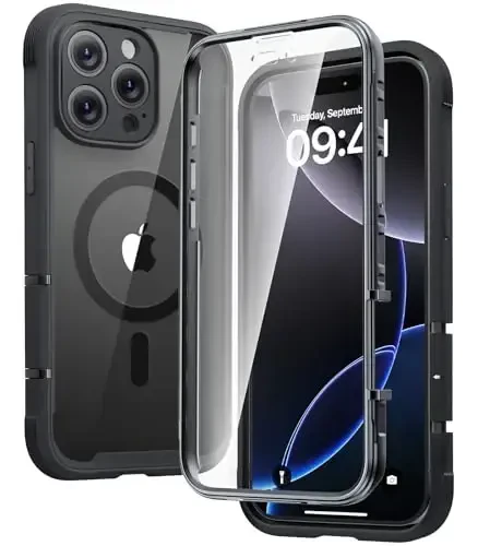 Diaclara Magnetic iPhone 16 Pro Max uchun mo'ljallangan Full Body Bumper g'ilofi, [MagSafe bilan mos], O'rnatilgan sensorli tirnalishga qarshi ekran himoyachisi bilan harbiy düşmeye bardoshli qopqoq, qora 