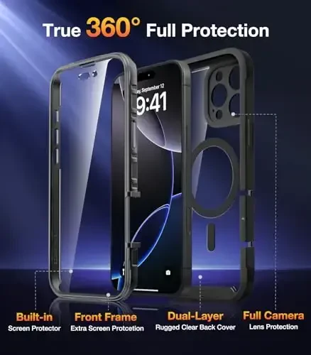 Diaclara Magnetic iPhone 16 Pro Max uchun mo'ljallangan Full Body Bumper g'ilofi, [MagSafe bilan mos], O'rnatilgan sensorli tirnalishga qarshi ekran himoyachisi bilan harbiy düşmeye bardoshli qopqoq, qora - 2