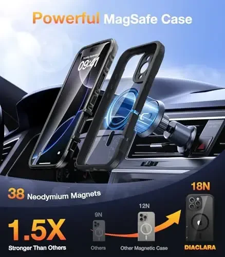 Diaclara Magnetic iPhone 16 Pro Max uchun mo'ljallangan Full Body Bumper g'ilofi, [MagSafe bilan mos], O'rnatilgan sensorli tirnalishga qarshi ekran himoyachisi bilan harbiy düşmeye bardoshli qopqoq, qora - 4