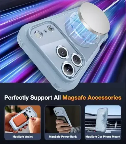 Diaclara Magnetic iPhone 17 Pro Max uchun mo'ljallangan g'ilof, to'liq himoya, [MagSafe bilan mos], harbiy standartlarga javob beruvchi zarbaga chidamli, o'rnatilgan sensorli ekranga ega tirnalishga qarshi himoya, ko'k - 4