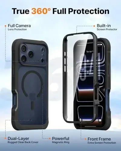 Diaclara Magnetic iPhone 17 Pro Max uchun mo'ljallangan g'ilof, to'liq korpusli bamper, [MagSafe bilan mos], harbiycha zarbaga chidamli qopqoq, o'rnatilgan sensorli tirnalishga qarshi ekran himoyachisi, qora - DIACLARA (1)