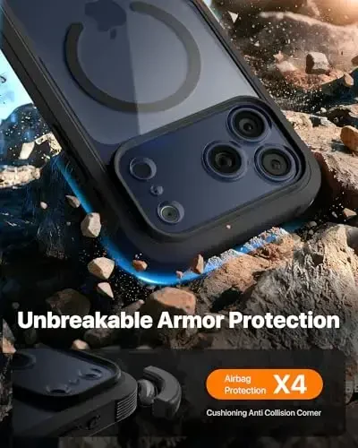 Diaclara Magnetic iPhone 17 Pro Max uchun mo'ljallangan g'ilof, to'liq korpusli bamper, [MagSafe bilan mos], harbiycha zarbaga chidamli qopqoq, o'rnatilgan sensorli tirnalishga qarshi ekran himoyachisi, qora - 3