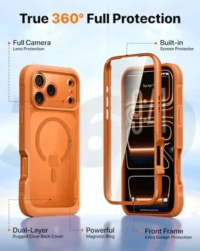 Diaclara Magnetic iPhone 17 Pro Max uchun mo'ljallangan, to'liq himoya korpusli bamper, [MagSafe bilan mos], harbiy standartga javob beradigan zarbaga chidamli, o'rnatilgan sensorli va tirnalishga qarshi ekran himoyasi bilan, to'q sariq - 1