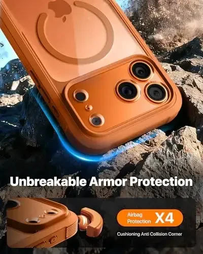 Diaclara Magnetic iPhone 17 Pro Max uchun mo'ljallangan, to'liq himoya korpusli bamper, [MagSafe bilan mos], harbiy standartga javob beradigan zarbaga chidamli, o'rnatilgan sensorli va tirnalishga qarshi ekran himoyasi bilan, to'q sariq - DIACLARA (1)