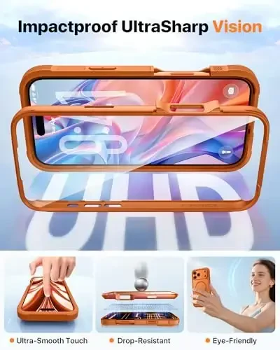 Diaclara Magnetic iPhone 17 Pro Max uchun mo'ljallangan, to'liq himoya korpusli bamper, [MagSafe bilan mos], harbiy standartga javob beradigan zarbaga chidamli, o'rnatilgan sensorli va tirnalishga qarshi ekran himoyasi bilan, to'q sariq - 4