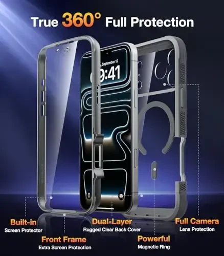 Diaclara Magnetic iPhone 17 Pro uchun mo'ljallangan Full Body Bumper g'ilofi, [MagSafe bilan mos], Harbiy standartlarga javob beruvchi zarbaga chidamli g'ilof, o'rnatilgan sensorli ekranga ega, tirnalishga qarshi himoya, kulrang titan - 2