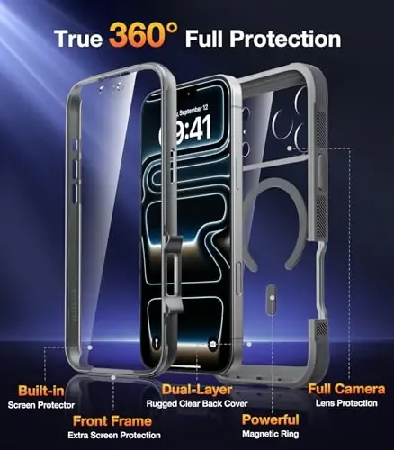 Diaclara Magnetic iPhone 17 Pro uchun mo'ljallangan Full Body Bumper g'ilofi, [MagSafe bilan mos], Harbiy standartlarga javob beruvchi zarbaga chidamli g'ilof, o'rnatilgan sensorli ekranga ega, tirnalishga qarshi himoya, kulrang titan - DIACLARA (1)