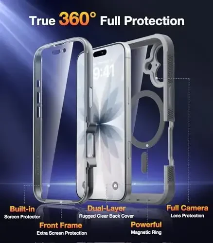 Diaclara Magnetic iPhone 17 uchun mo'ljallangan g'ilof 6.3 dyuymli to'liq korpusli bamper, [MagSafe bilan mos], o'rnatilgan sensorli tirnalishga qarshi ekran himoyachisi bilan harbiy zarbga chidamli qopqoq, kulrang titanium - 2