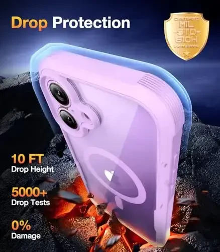 Diaclara Magnetic iPhone 17 uchun mo'ljallangan g'ilof 6.3'' [To'liq kamera himoyasi] To'liq korpusli bamper, [MagSafe bilan mos] Harbiy standartlarga javob beradigan zarbaga chidamli telefon g'ilofi, o'rnatilgan ekran himoyachisi, Lavanda binafsha - 4