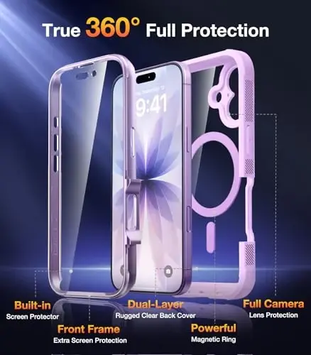 Diaclara Magnetic iPhone 17 uchun mo'ljallangan g'ilof 6.3'' [To'liq kamera himoyasi] To'liq korpusli bamper, [MagSafe bilan mos] Harbiy standartlarga javob beradigan zarbaga chidamli telefon g'ilofi, o'rnatilgan ekran himoyachisi, Lavanda binafsha - 3