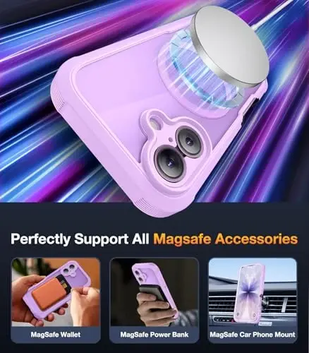 Diaclara Magnetic iPhone 17 uchun mo'ljallangan g'ilof 6.3'' [To'liq kamera himoyasi] To'liq korpusli bamper, [MagSafe bilan mos] Harbiy standartlarga javob beradigan zarbaga chidamli telefon g'ilofi, o'rnatilgan ekran himoyachisi, Lavanda binafsha - 5