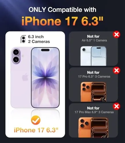Diaclara Magnetic iPhone 17 uchun mo'ljallangan g'ilof 6.3'' [To'liq kamera himoyasi] To'liq korpusli bamper, [MagSafe bilan mos] Harbiy standartlarga javob beradigan zarbaga chidamli telefon g'ilofi, o'rnatilgan ekran himoyachisi, Lavanda binafsha - 6
