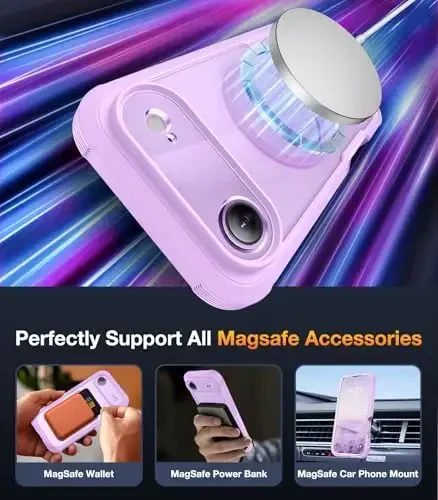 Diaclara Magnetic iPhone Air Case to'liq korpusli bamperi, [MagSafe bilan mos], harbiy standartlarga javob beruvchi zarbadan himoya, o'rnatilgan sezgir ekranga ega iPhone 17 Air binafsha rang uchun - 4