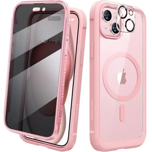 Diaclara Magnetic Designed for iPhone 15 Case, Full Body Rugged Case with Built-in Privacy Touch Sensitive Anti-Scratch Screen Protector, with Camera Lens Protector (Coral Pink) 