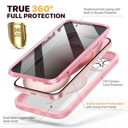 Diaclara Magnetic Designed for iPhone 15 Plus Case, Full Body Rugged Case with Built-in Privacy Touch Sensitive Anti-Scratch Screen Protector, with Camera Lens Protector (Coral Pink) - 2