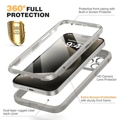 Diaclara Magnetic Designed for iPhone 15 Pro Max Case Full Body Bumper,[Compatible with MagSafe] Military Drop Proof Cover with Built-in Touch Sensitive Anti-Scratch Screen Protector,Grey Titanium - 2