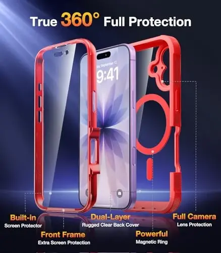 Diaclara Magnetic Designed for iPhone 17 Case 6.3'' Full Body Bumper,[Compatible with MagSafe] Military Drop Proof Phone Case with Built-in Screen Protector,Easy Install,No Gap,Red - 2
