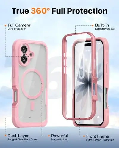 Diaclara Magnetic Designed for iPhone 17 Case Full Body Bumper,[Compatible with MagSafe] Military Drop Proof Cover with Built-in Touch Sensitive Anti-Scratch Screen Protector,Pink - 2