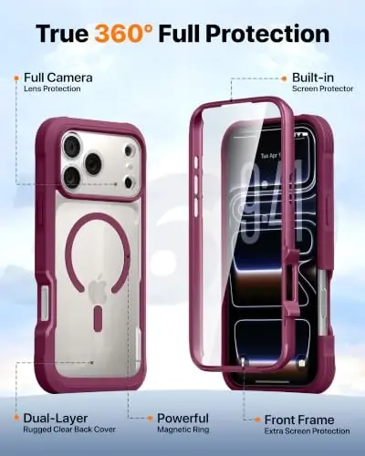 Diaclara Manyetik iPhone 17 Pro 6.3'' Kılıf için Tasarlanmış [Tam Kamera Koruması] Ekran Koruyuculu Tam Gövde Tamponu, [MagSafe Uyumlu] Askeri Düşmeye Dayanıklı Telefon Kılıfı, Şarap Kırmızısı - DIACLARA (1)