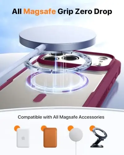 Diaclara Manyetik iPhone 17 Pro 6.3'' Kılıf için Tasarlanmış [Tam Kamera Koruması] Ekran Koruyuculu Tam Gövde Tamponu, [MagSafe Uyumlu] Askeri Düşmeye Dayanıklı Telefon Kılıfı, Şarap Kırmızısı - 6