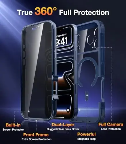 Diaclara Magnetic for iPhone 17 Pro Case with Privacy Protector, Deep Blue | Full Body Bumper Design, Military Grade Drop Proof, 360° Full Protection, Anti-Spy Privacy Cover, Magnetic Charging Support 