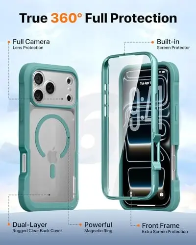 Diaclara Magnetic Designed for iPhone 17 Pro Case Full Body Bumper,[Compatible with MagSafe] Military Drop Proof Cover with Built-in Touch Sensitive Anti-Scratch Screen Protector,Green - 2