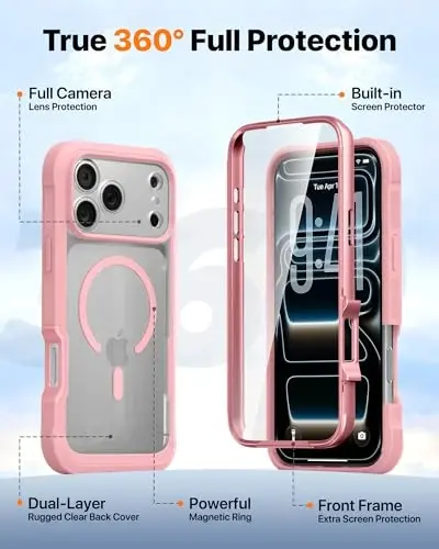 Diaclara Magnetic Designed for iPhone 17 Pro Max Case Full Body Bumper,[Compatible with MagSafe] Military Drop Proof Cover with Built-in Touch Sensitive Anti-Scratch Screen Protector,Pink - 2