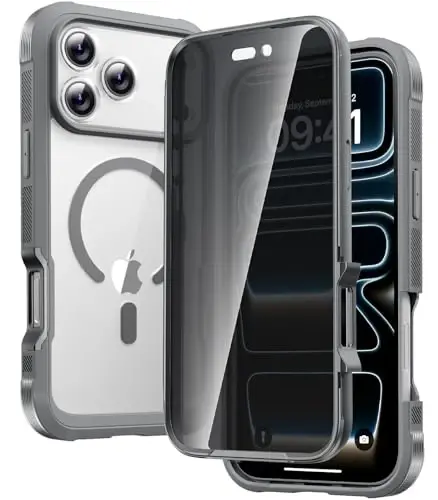 Diaclara Magnetic Designed for iPhone 17 Pro Max Case Full Body Bumper,[Compatible with MagSafe] Military Drop Proof Cover with Built-in Privacy Screen Protector,Grey Titanium 