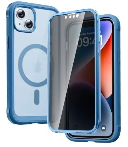 Diaclara Manyetik Tasarımlı iPhone 14 Kılıf 6.1 İnç, iPhone 14 için Dahili Gizlilik Ekran Koruyuculu, Yükseltilmiş Tam Gövde Sağlam Şeffaf Tampon Kılıf, Mavi 