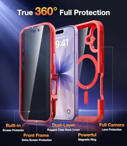 Diaclara Magnetic Designed for iPhone 17 Case 6.3'' [Full Camera Protection] Full Body Bumper with Privacy Screen Protector, [Compatible with MagSafe] Military Drop Proof Phone Case, Red - 2