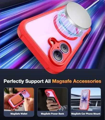 Diaclara Magnetic Designed for iPhone 17 Case 6.3'' [Full Camera Protection] Full Body Bumper with Privacy Screen Protector, [Compatible with MagSafe] Military Drop Proof Phone Case, Red - 6