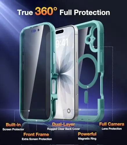 Diaclara Magnetic Designed for iPhone 17 Case 6.3'' [Full Camera Protection] Full Body Bumper with Privacy Screen Protector, [Compatible with MagSafe] Military Drop Proof Phone Case, Green - 2