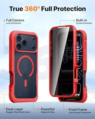 Diaclara Magnetic Designed for iPhone 17 Pro Case 6.3'' [Full Camera Protection] Full Body Bumper,[Compatible with MagSafe] Phone Case w/Built-in Privacy Screen Protector,Red - 2